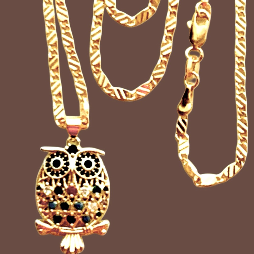 Gold & Multi Color Jeweled Owl Pendant Necklace - Picture 3 of 4
